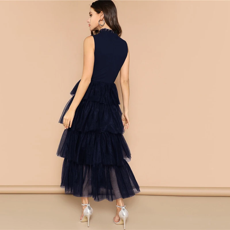 SHEIN модное многослойное платье макси с оборкой на воротнике, без рукавов, со стоячим воротником, гламурные вечерние платья с высокой талией, летнее платье