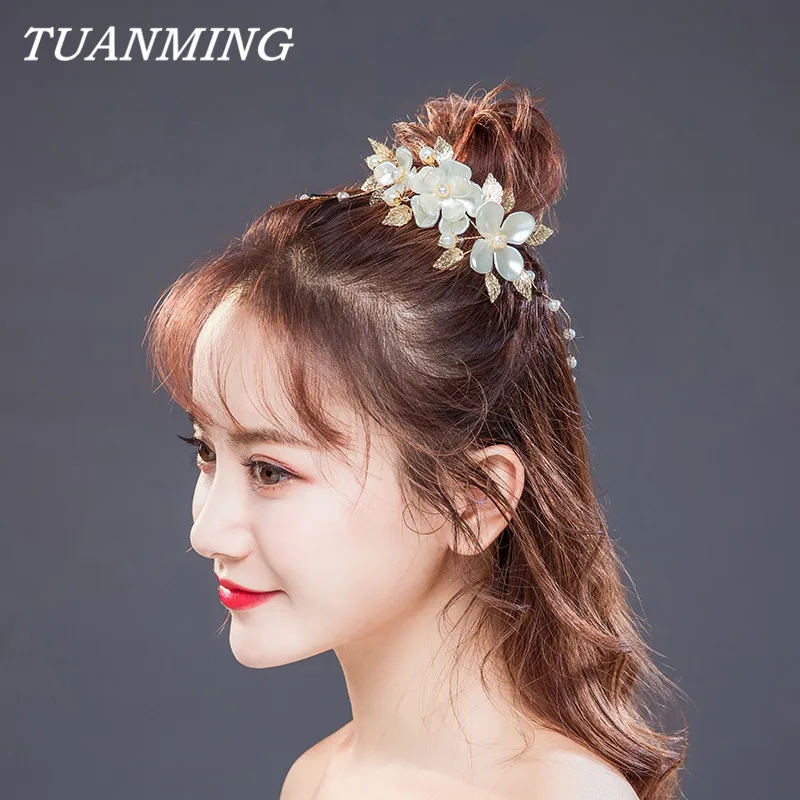 Жемчужный цветок невесты ободок Золотой с листьями для Свадебные аксессуары
