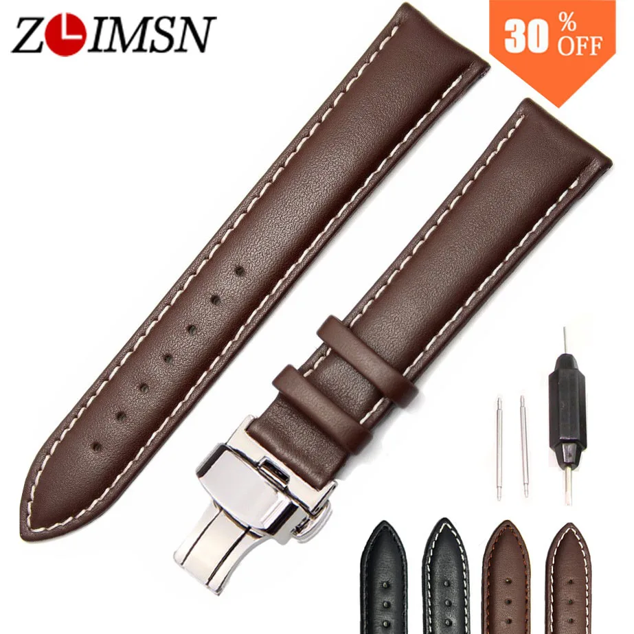 

Ремешок ZLIMSN из натуральной кожи для мужских и женских часов, браслет для часов Tissot 18 20 22 24 мм, черный коричневый, с застежкой-бабочкой