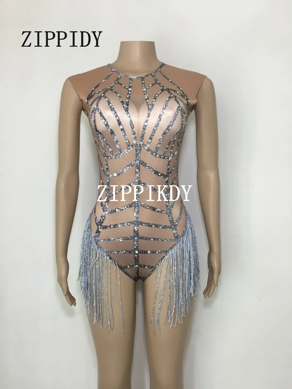 fashion 4 colors Neon Rhinestones Fringes Bodysuit Singer Dancer Sexy Leotard Costume Women's Stretch Outfit Dance Wear