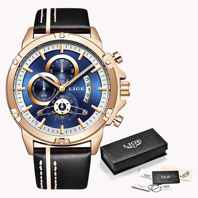 Rose gold blue Новинка, мужские часы LIGE s, Топ бренд, роскошные мужские военные спортивные часы, повседневные кожаные водонепроницаемые кварцевые часы, Relogio Masculino - Цвет: Rose gold blue