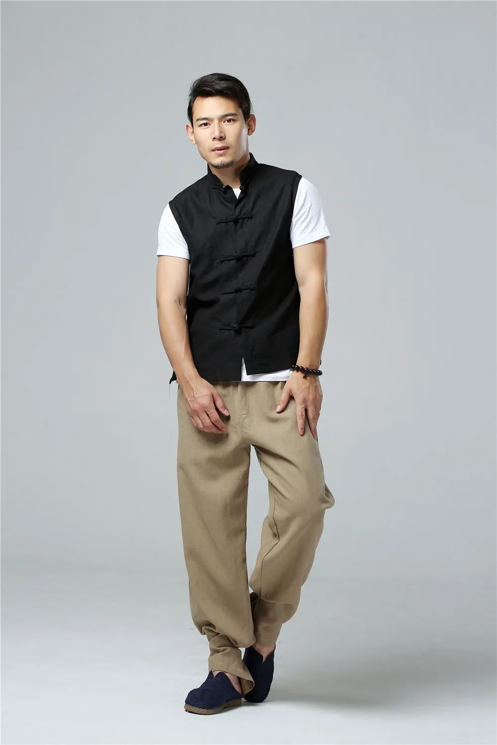 LZJN Men's Summer Waistcoat Chinese Style Vintage Breathable Linen Button Down Kung Fu Shirt Sleeveless Vest Jacket