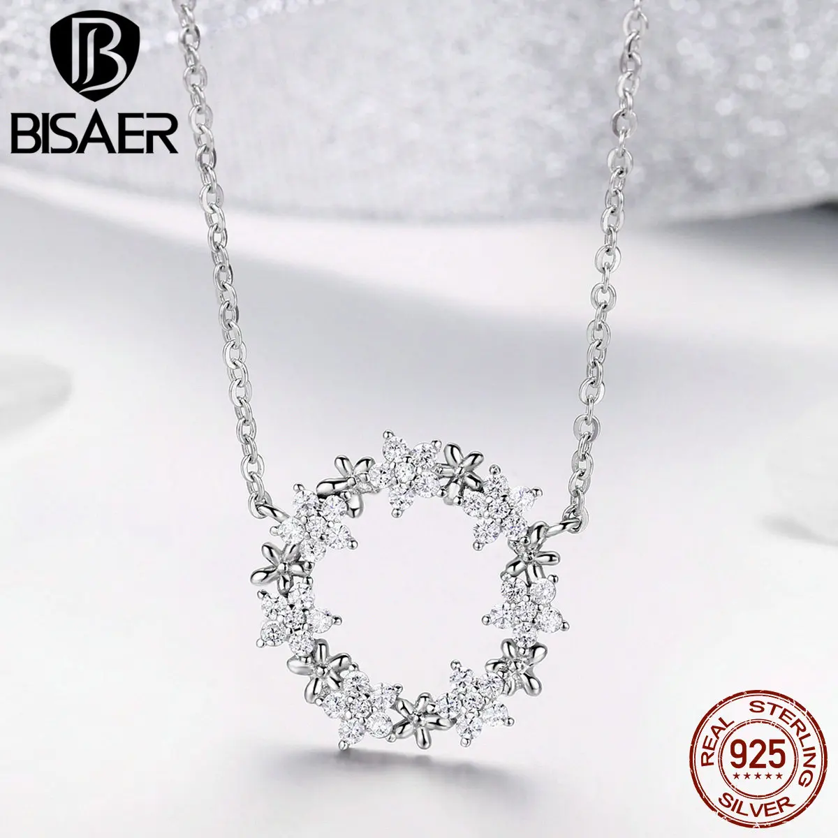 BISAER, элегантное, 925 пробы, серебряное, светящееся, звезда, прозрачный, кубический циркон, круглая звезда, ожерелье, подвеска, женское ювелирное изделие, EFN028