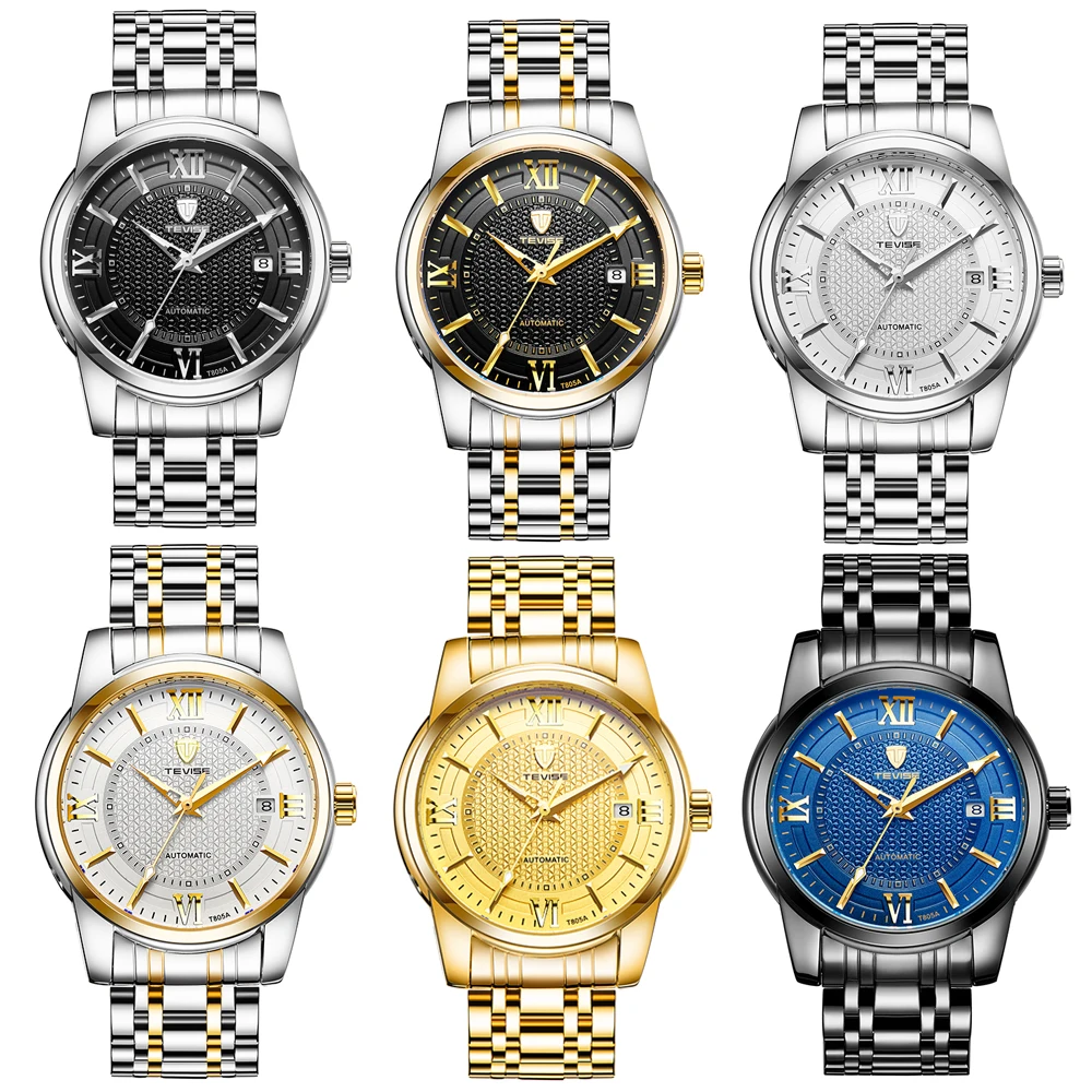Мужские автоматические часы TEVISE черные нержавеющая сталь Авто Дата модные