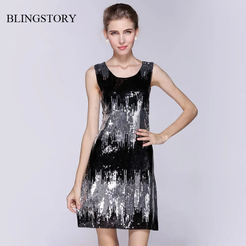 Женское платье с блестками BLINGSTORY Клубная одежда в европейском стиле Прямая