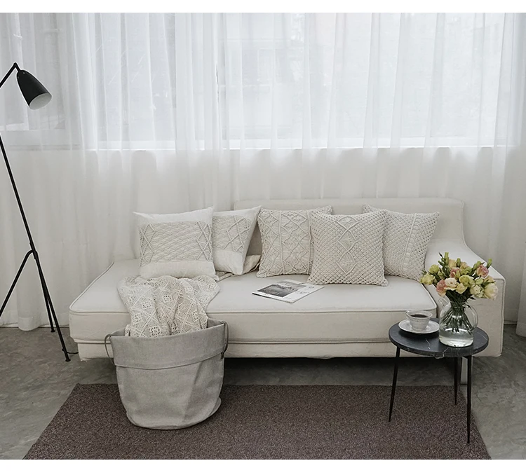 Beige Macrame Hand-woven Cotton Thread Pillow Cover 45x45cm Geometric Bohemia Home Decoration