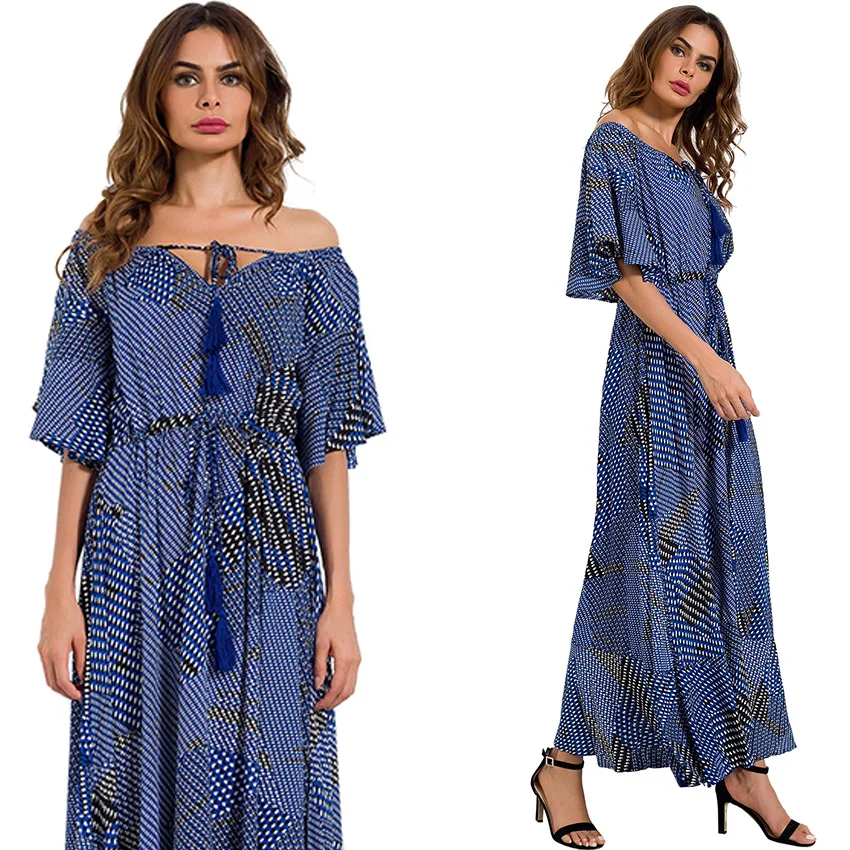 Платье макси с открытыми плечами осень Новое поступление 2017 года печатные