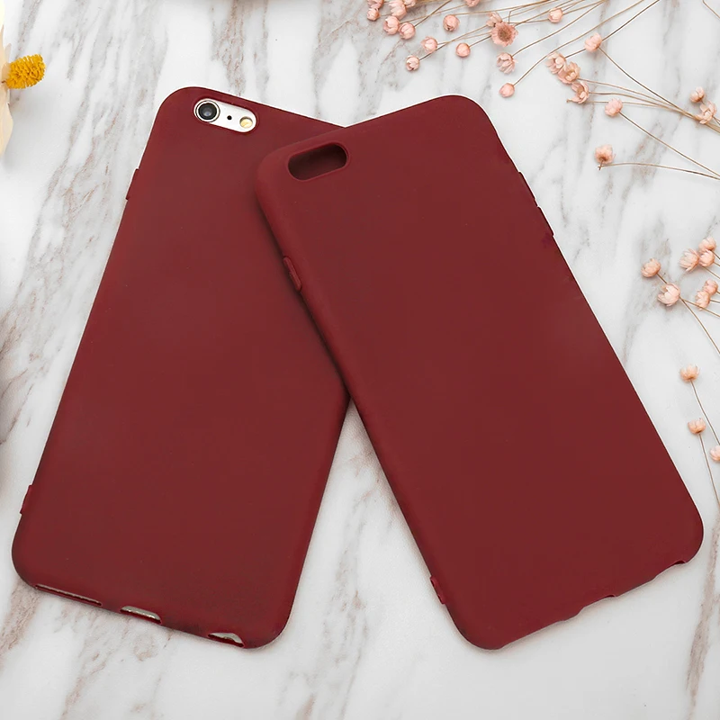 Матовый чехол для телефона iPhone 6 6S 7 8 Plus простой однотонный винно красный мягкий X