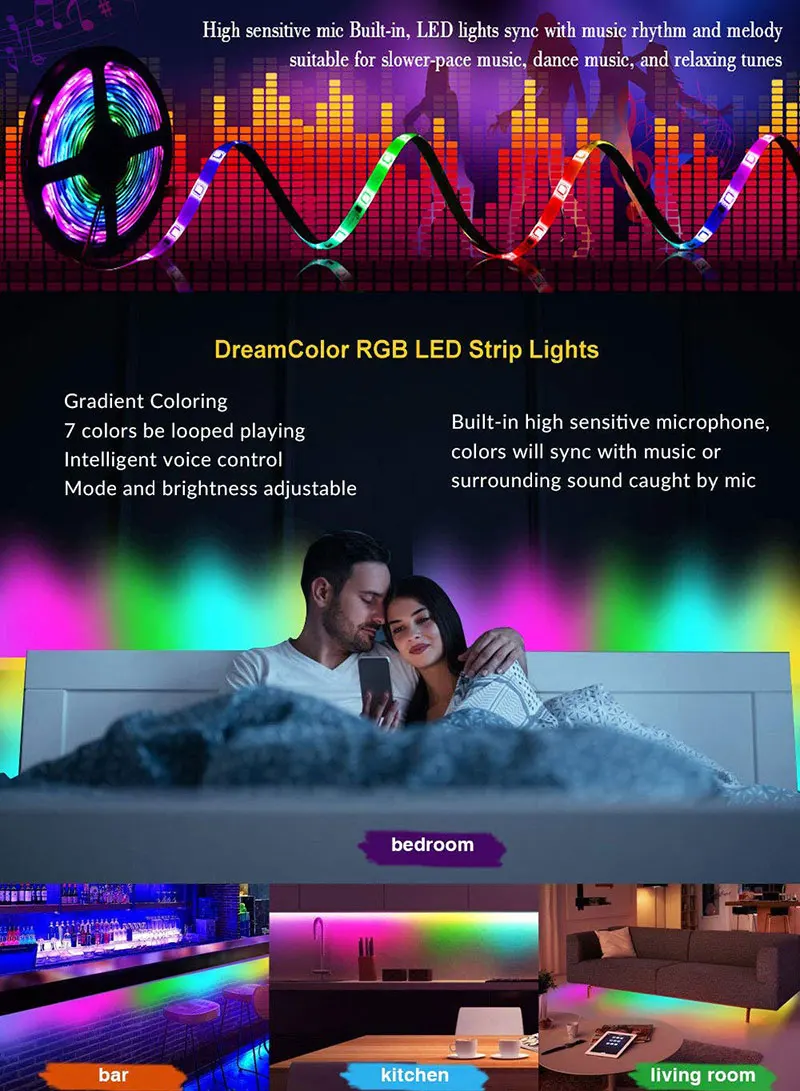 5 м 10 м музыка светодиодная декоративная подсветка RGB неоновая лента Водонепроницаемая Диодная лента с пультом дистанционного управления для спальни, кухни, гостиной