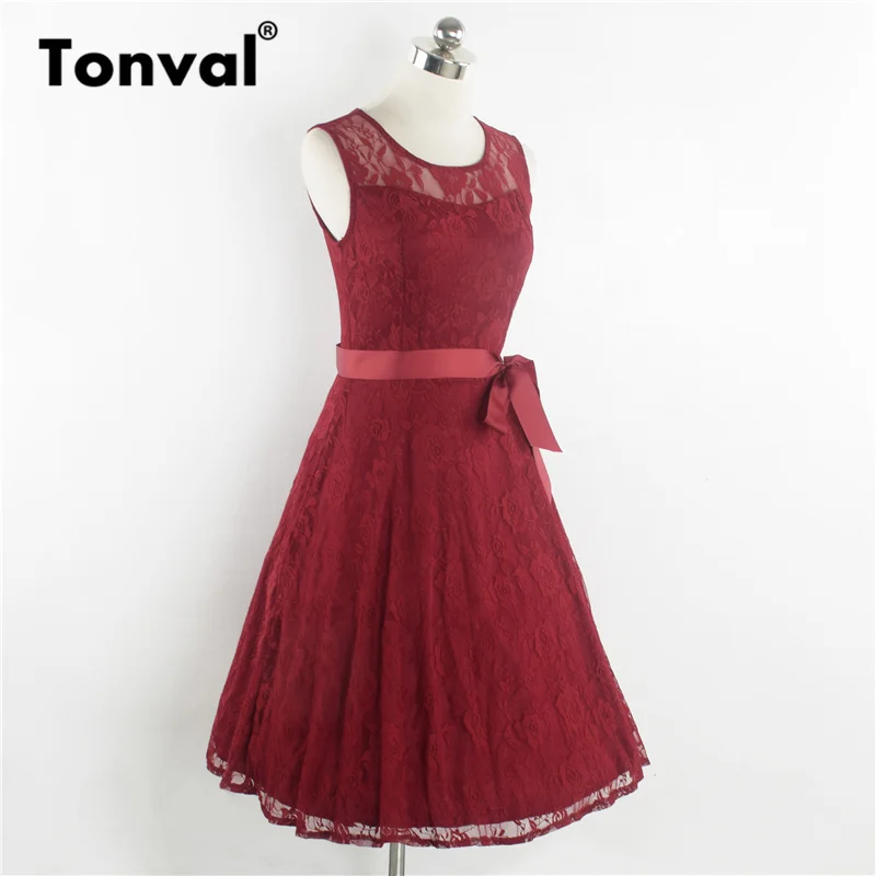 Tonval, винтажное белое летнее платье, элегантное, кружевное, Ретро стиль, для женщин, без рукавов, повседневные платья, с поясом, трапециевидные, вечерние, платье-халат