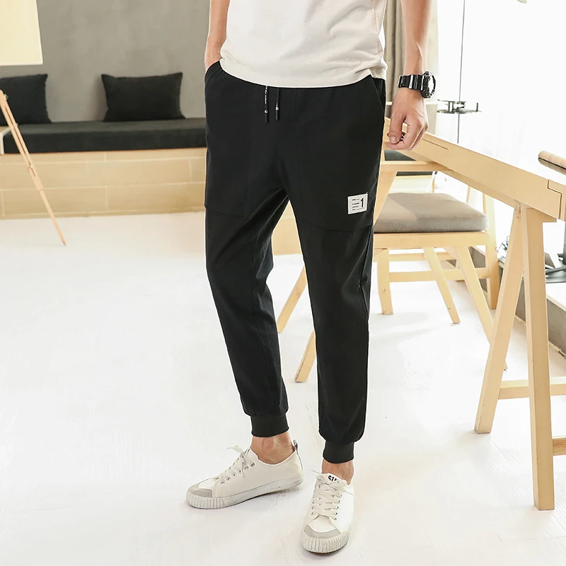 Брюки мужские из 100% хлопка и льна модные однотонные повседневные штаны до