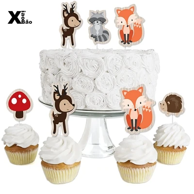Caake Toppper X12 Лесные животные Тема Бумажный Мешок тарелка посуда соломенная фольга, латекс воздушный шар плакат с приглашением карты день рождения подарки - Цвет: Caake Toppper X12