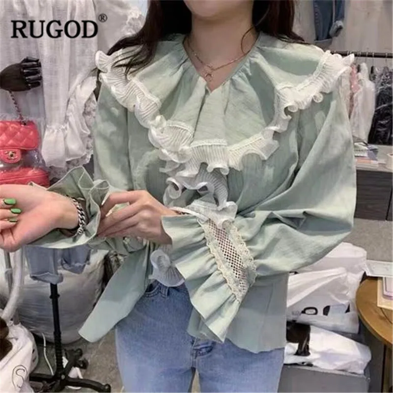 Женская блузка RUGOD белая с рукавами-фонариками и гофрированным воротником в