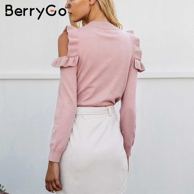 BerryGo Casual cold shoulder knitted sweater women Elegant Ruffle pink stringy pullover female Autumn winter jumper 2018 | Женская