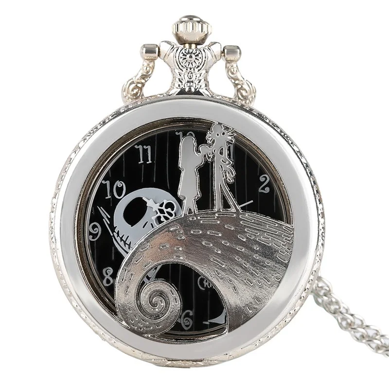 Silvery Кошмар перед рождественской тематикой серебряные женские карманные часы ожерелье цепь для мужчин и девочек полые Кварцевые Подвески модные детские подарки - Цвет: Silvery