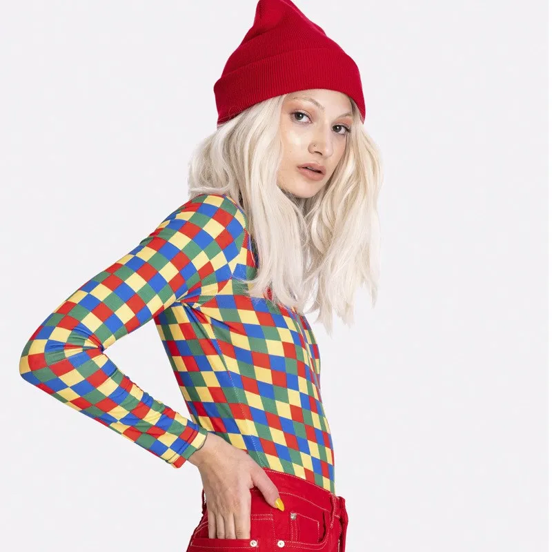 Мода 2019 новый цветной клетчатый боди с высоким воротником женские летние