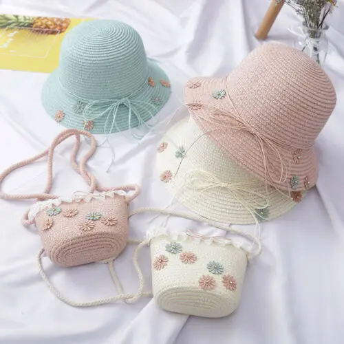 2pcs Girl Kids Beach Bucket Breathable Cap Straw Sun Hat+Shoulder Handbag Bag Size 3-8Y | Детская одежда и обувь