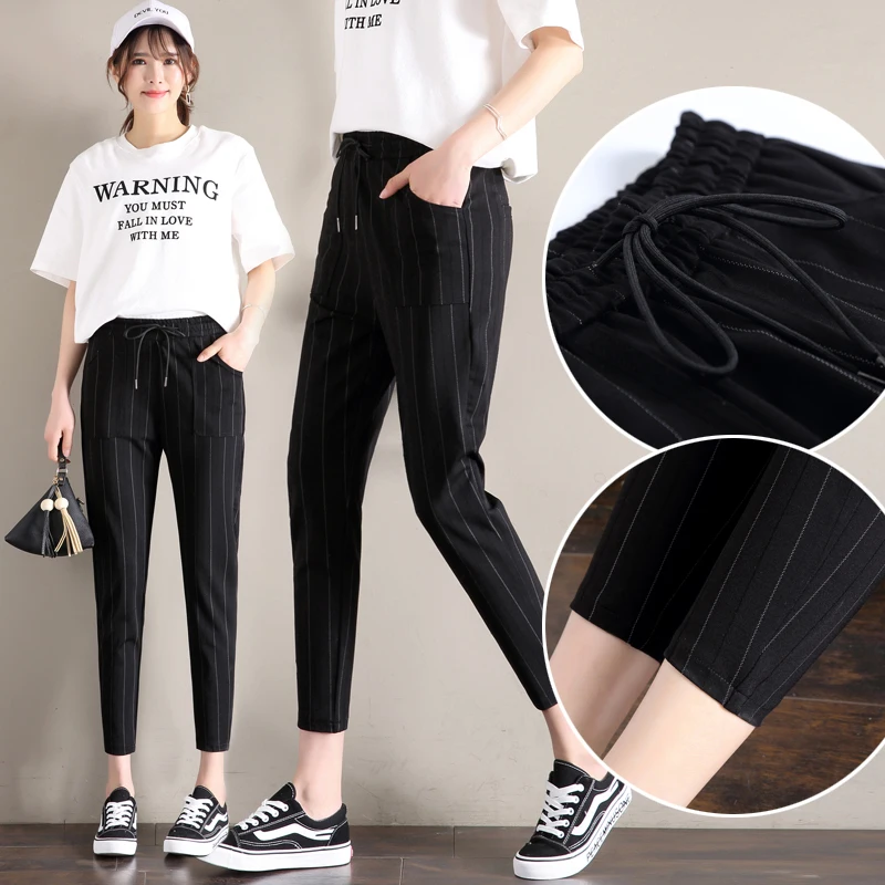 GECADYNY 2018 New Striped OL High Waist Harem Pants Women Bowtie Elastic Trousers Female Stringyselvedge Casual | Женская одежда