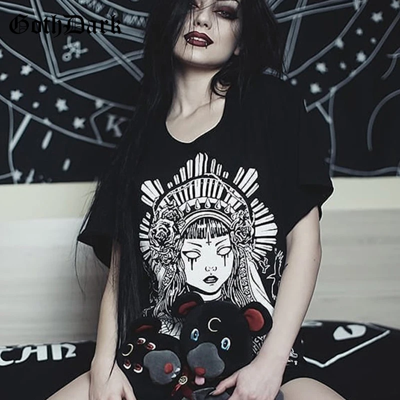 Женская футболка с принтом Goth Dark, уличная летняя футболка в стиле Харадзюку, черная свободная футболка с принтом