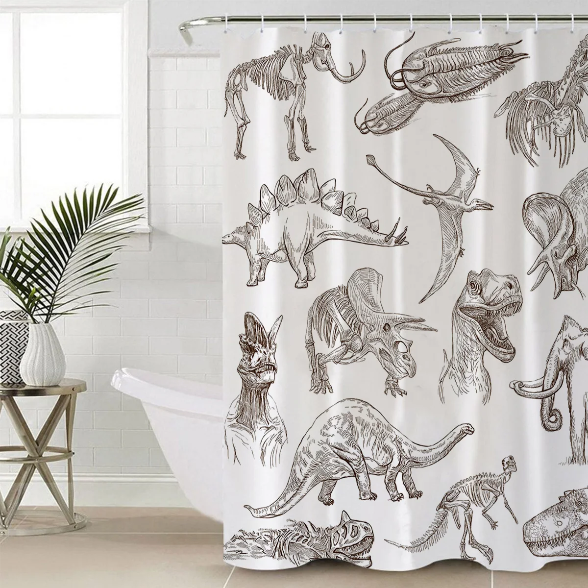 WARMTOUR Shower Curtain Dinosaur Illustrations Cartoon Waterproof Bathroom Decor | Дом и сад