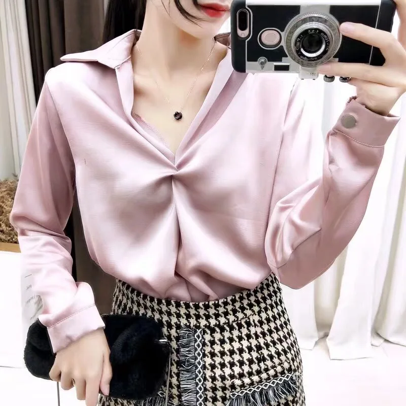 Женская атласная блузка с V образным вырезом длинным рукавом|Блузки| |