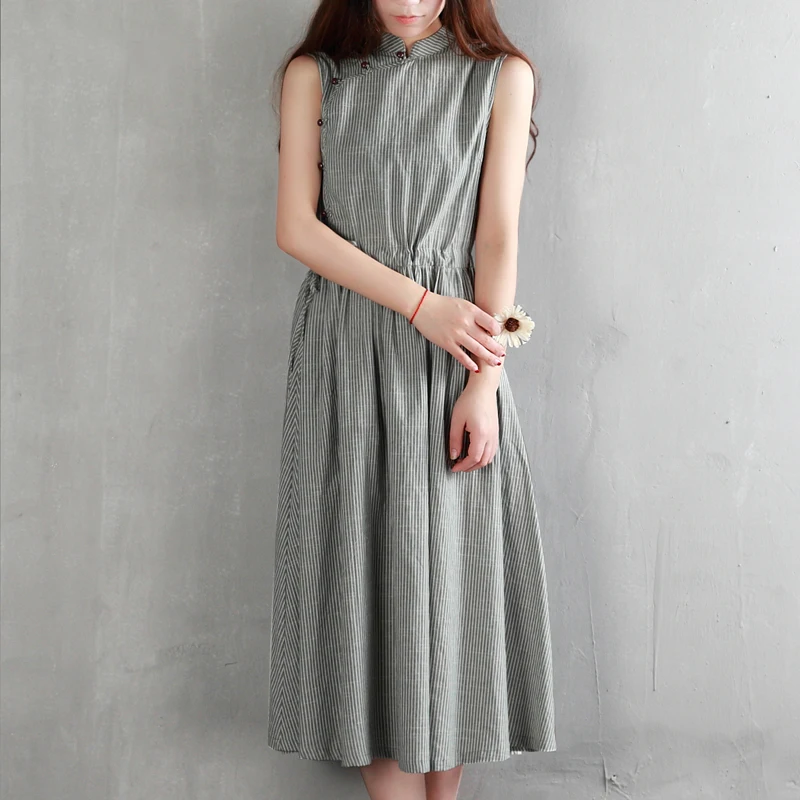 Летнее платье в полоску хлопковое льняное женское повседневное свободное