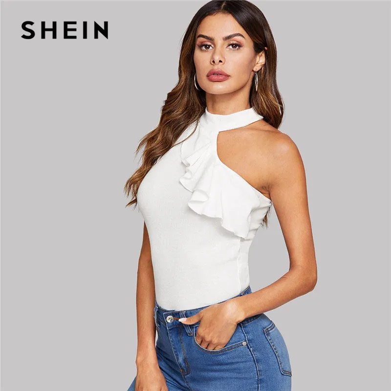 SHEIN белый Асимметричный топ с оборками и вырезом однотонный летний женский