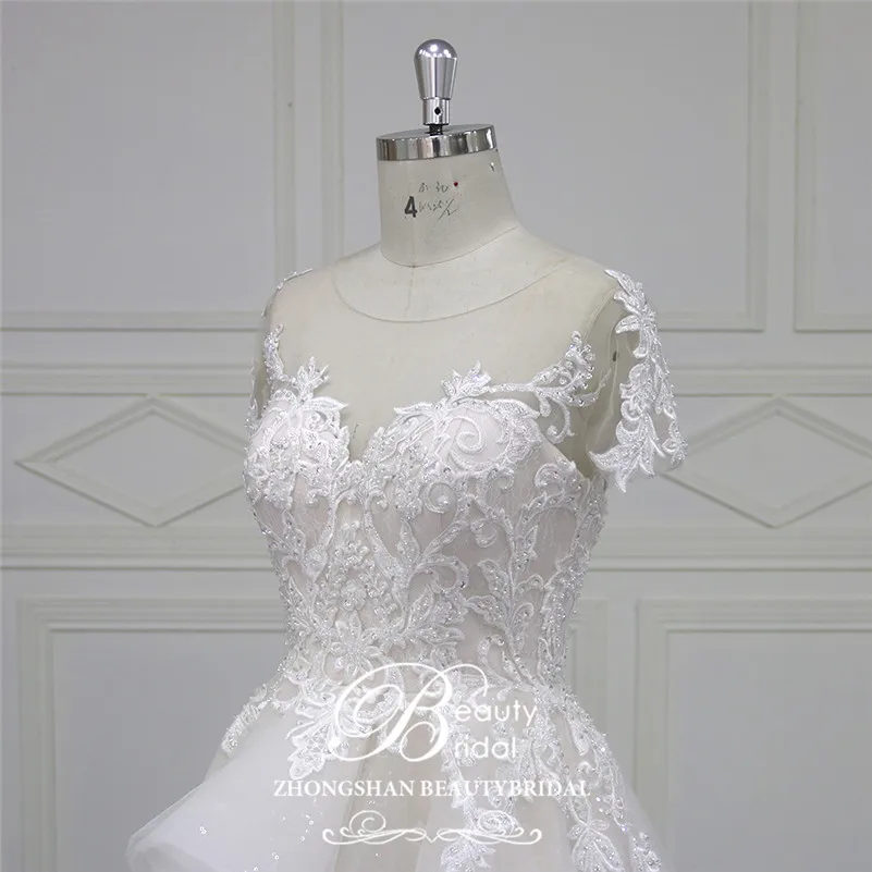 Beautybridal Custom made lace Beads Wedding Dresses round illusion neckline wedding gown short sleeves Vestido de Noiva LS706 | Свадьбы и