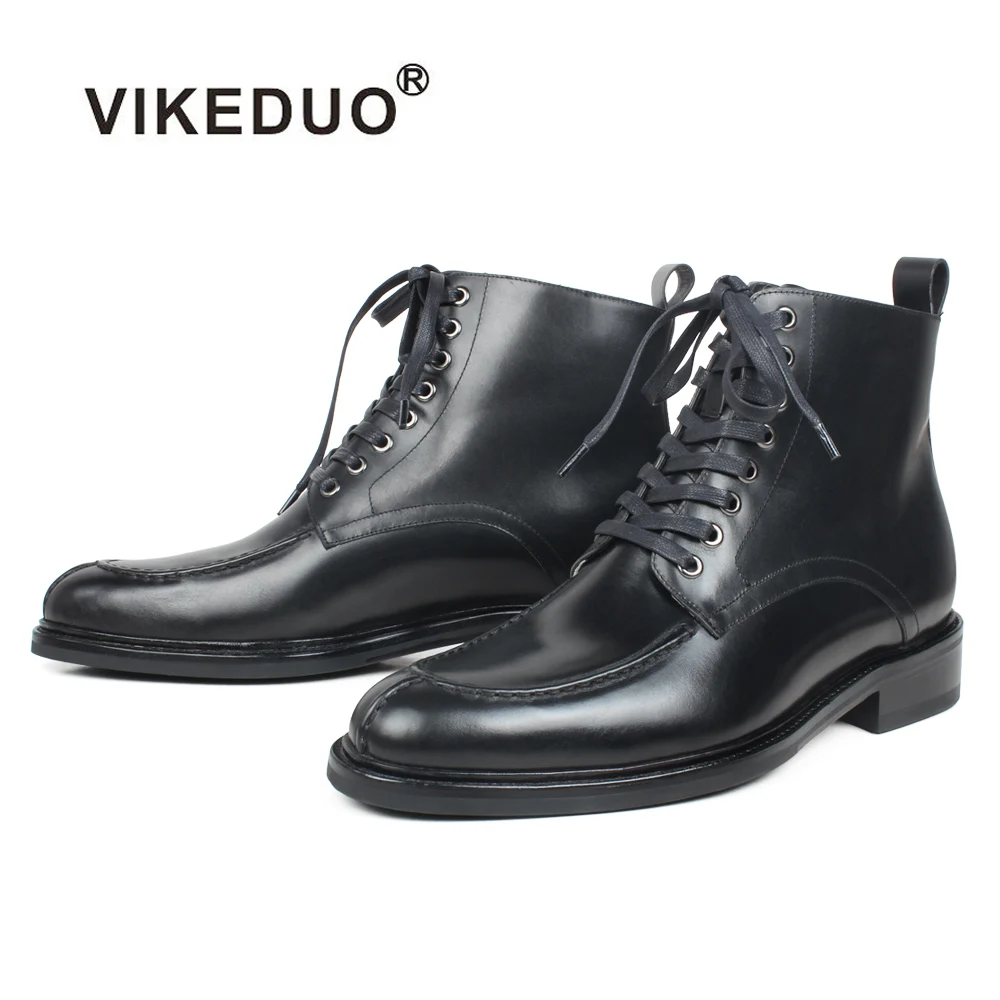 

VIKEDUO Black Fur Lining Ankle Boots For Men Genuine Calf Leather Lace-Up Mans Footwear Handmade Blake Winter Warm Shoes Male