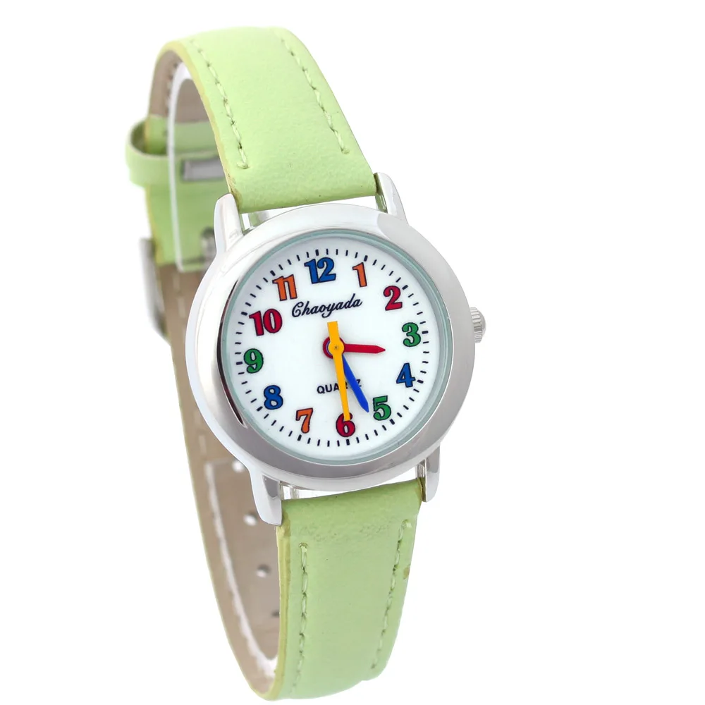 Colorful Dial Green Модные круглые часы для детей, для мальчиков и девочек, черные кожаные кварцевые наручные часы для студентов, детские часы для репетиторов U13, часы для мальчиков и девочек - Цвет: Colorful Dial Green