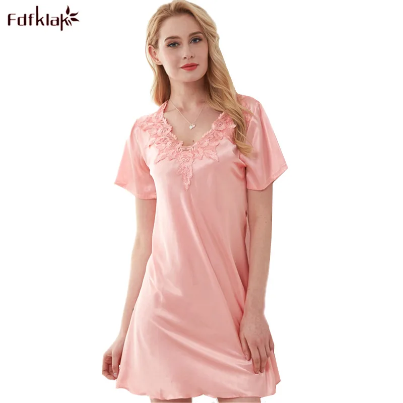 

Fdfklak Women Sleepwear Short Sleeve Silk Satin Sleep Dresses Ladies Short Mini Dress Summer Nightdress Sexy Female Nightgowns