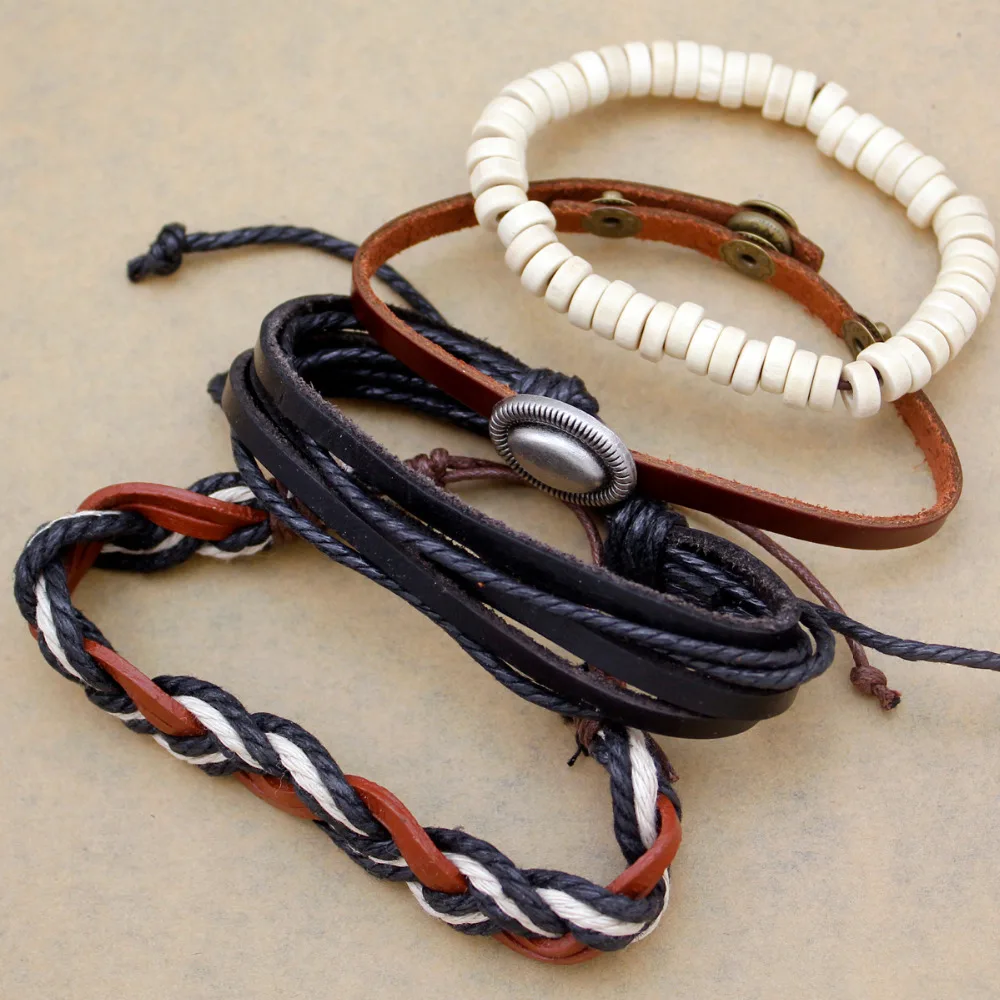 Набор из 4 плетеных веревок кожаный браслет с деревянными бусинами манжетами