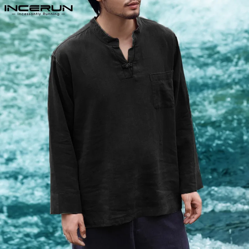 

INCERUN 2021 Mens Shirt Retro Long Sleeve V-neck Cotton Linen Men Tops Autumn Plus Size Chinese Style Loose Casual Shirts Camisa