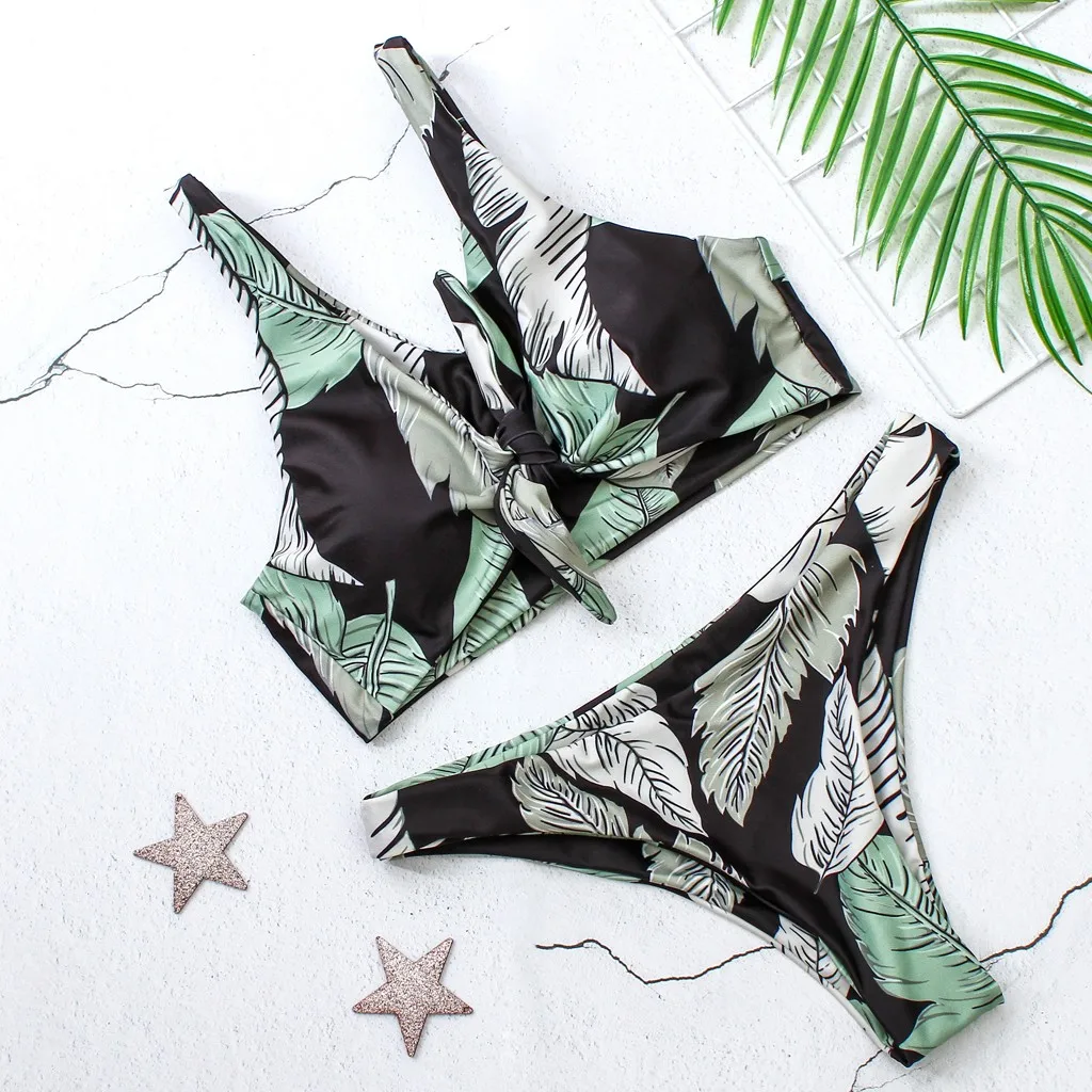 Женский купальник бикини с принтом листьев пуш ап купальный костюм низкой талией