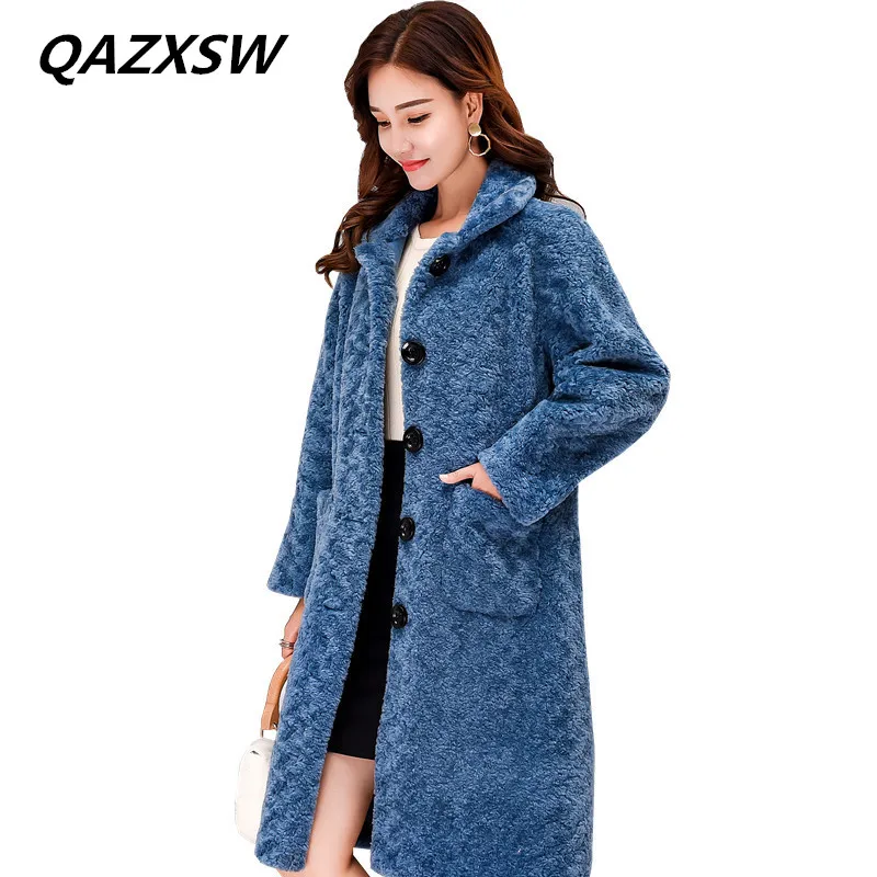 QAZXSW 2018 Новый Для женщин зимние кожаные пальто стрижки овец Длинная Куртка с