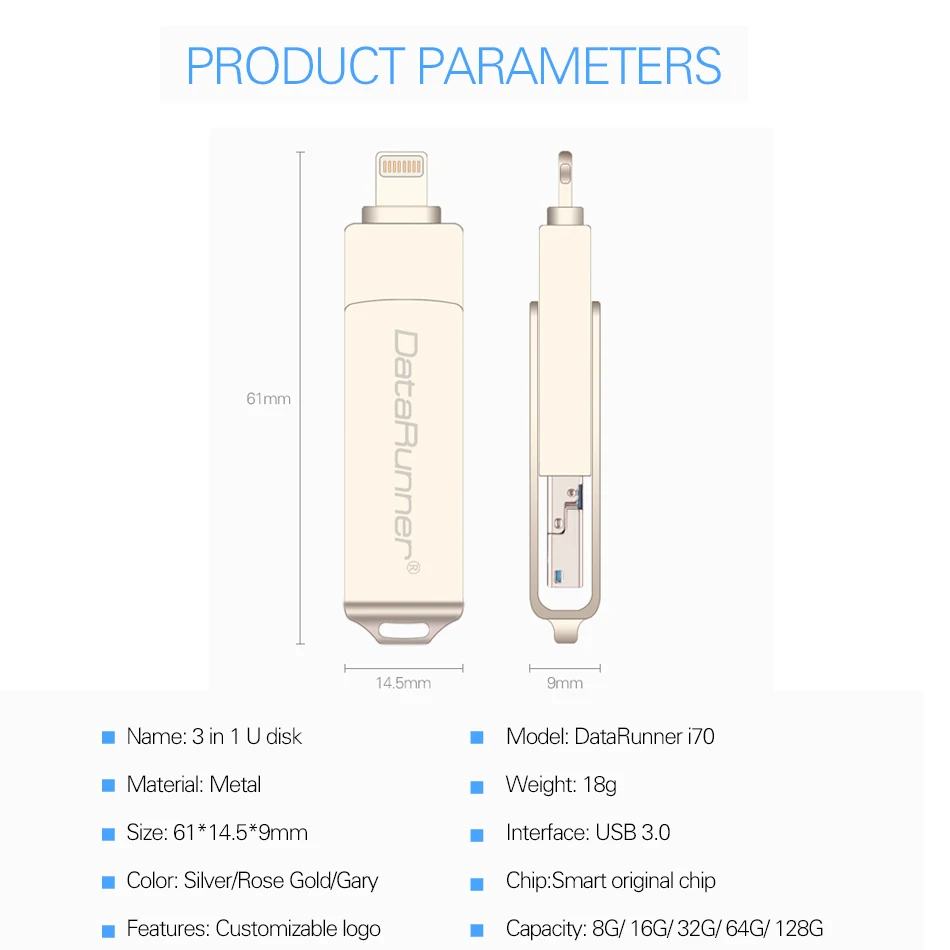 usb-накопитель DataRunner портативный флэш-накопитель для iPhone XS MAX/X/8 Plus 3 в 1 Micro usb-накопитель внешний накопитель