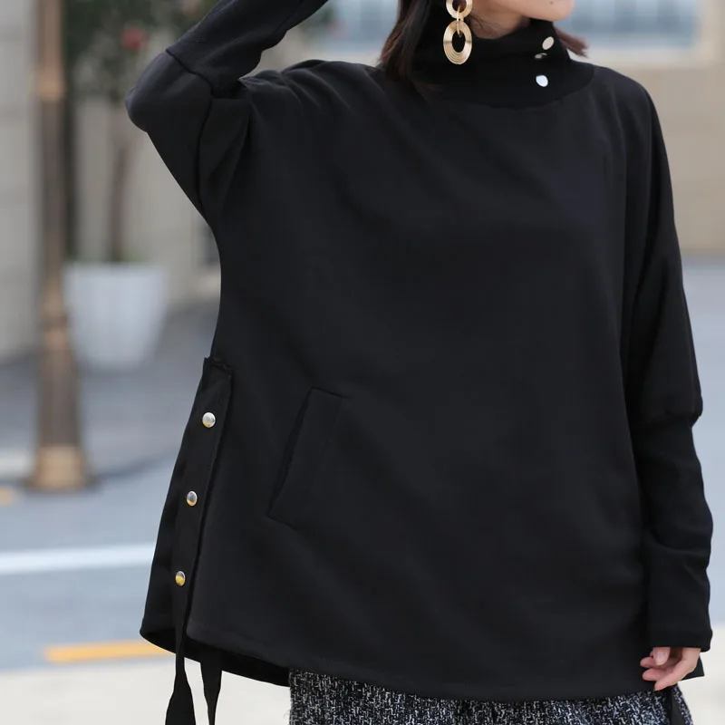 TWOTWINSTYLE водолазка Толстовка для Женская лента рукав летучая мышь карман черный