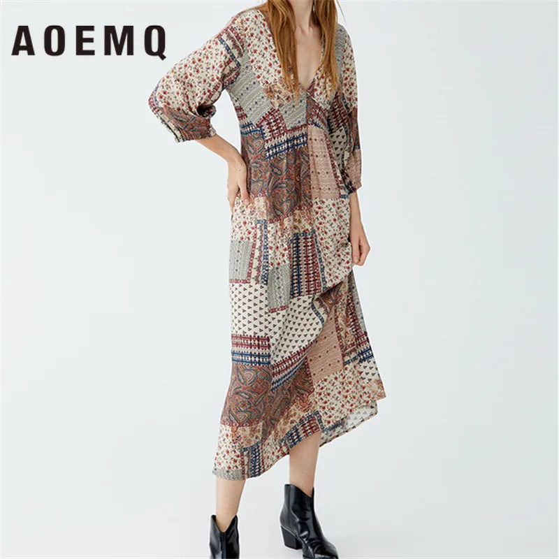AOEMQ Ранняя весна новый Тонкий ретро шифон контраст Асимметричный принт глубокий v