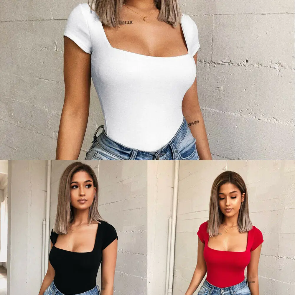 Новинка 2019 Стильное однотонное Женское боди с коротким рукавом эластичное