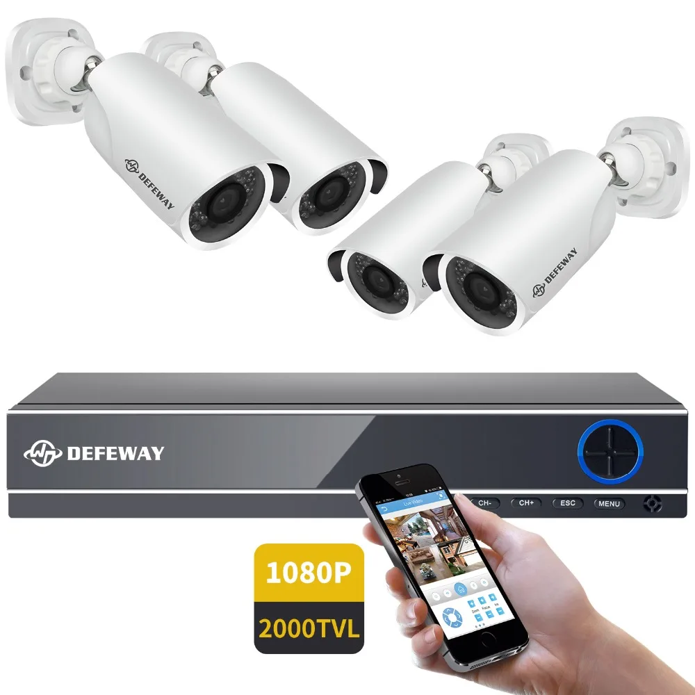 Система видеонаблюдения DEFEWAY 4CH 1080P DVR 4 шт. 2 МП инфракрасная камера
