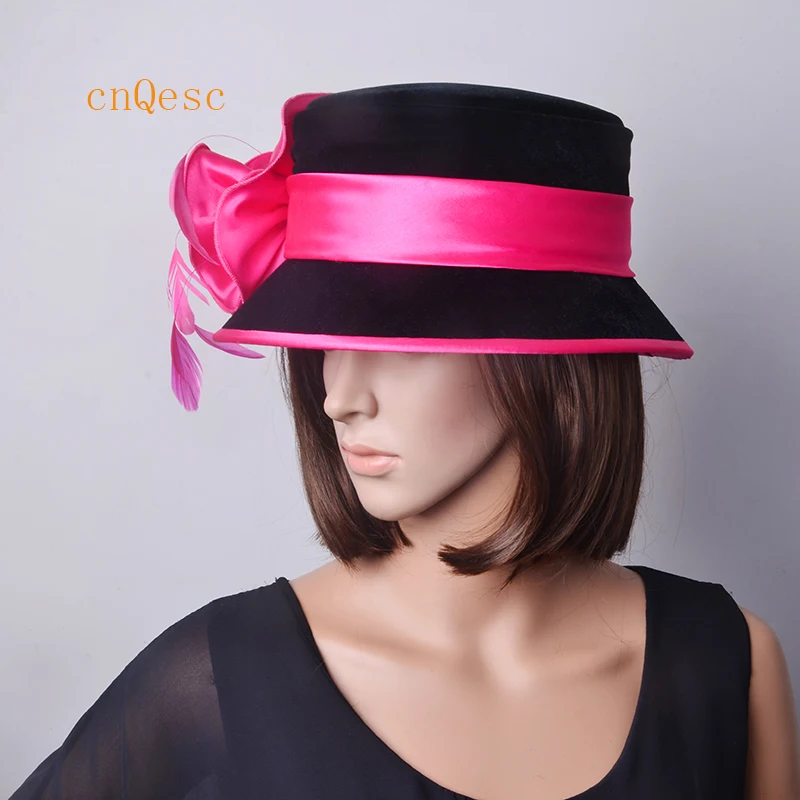 Женская бархатная шляпа с атласными цветами для церкви и свадьбы|velvet hat|ladies black