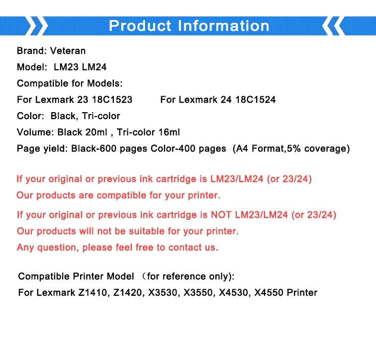 Veteran картридж LM23 совместимый для Lexmark 23 24 Черный чернильный принтера Z1410 Z1420 X3530 X3550