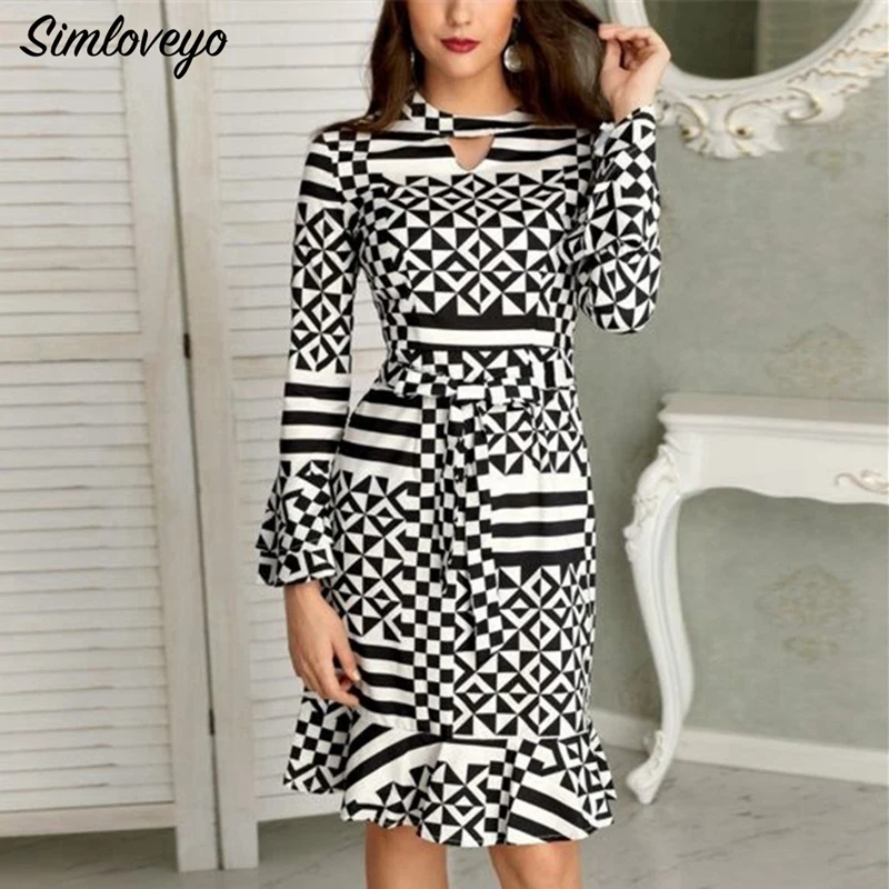

SIMLOVEYO 2019 spring Autumn Women Long Sleeve women Dress lattice print Casual Crochet A-Line knee dresses hang clothes Vestido