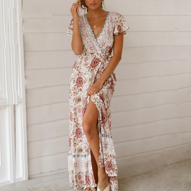 ELSVIOS сексуальное летнее макси платье с v образным вырезом женское пляжное