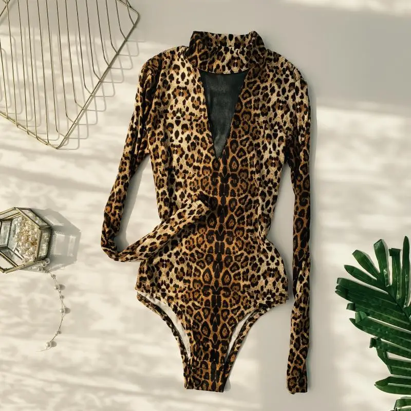 2019 New Spring Women's Overalls Sexy Leopard Printing Semi-high Collar V Long Sleeve Trim Body Thin Bodysuit for Woman | Женская