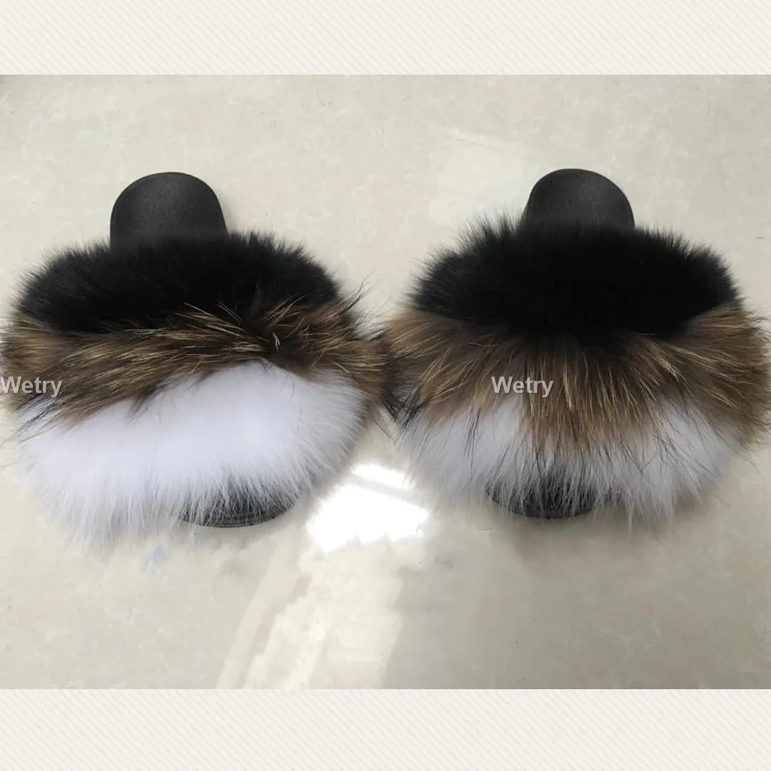 Real Fox Fur Slides Брендовые роскошные меховые тапочки; женские шлепанцы с натуральным лисьим мехом; домашние меховые плоские сандалии женские милые пушистые домашние туфли для женщин - Цвет: Real Fox Fur Slides