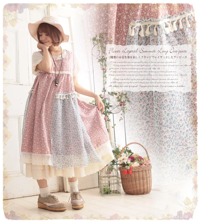 Lolita mori girl harajuku boho Туника трикотажное уникальное винтажное Цветочное платье с