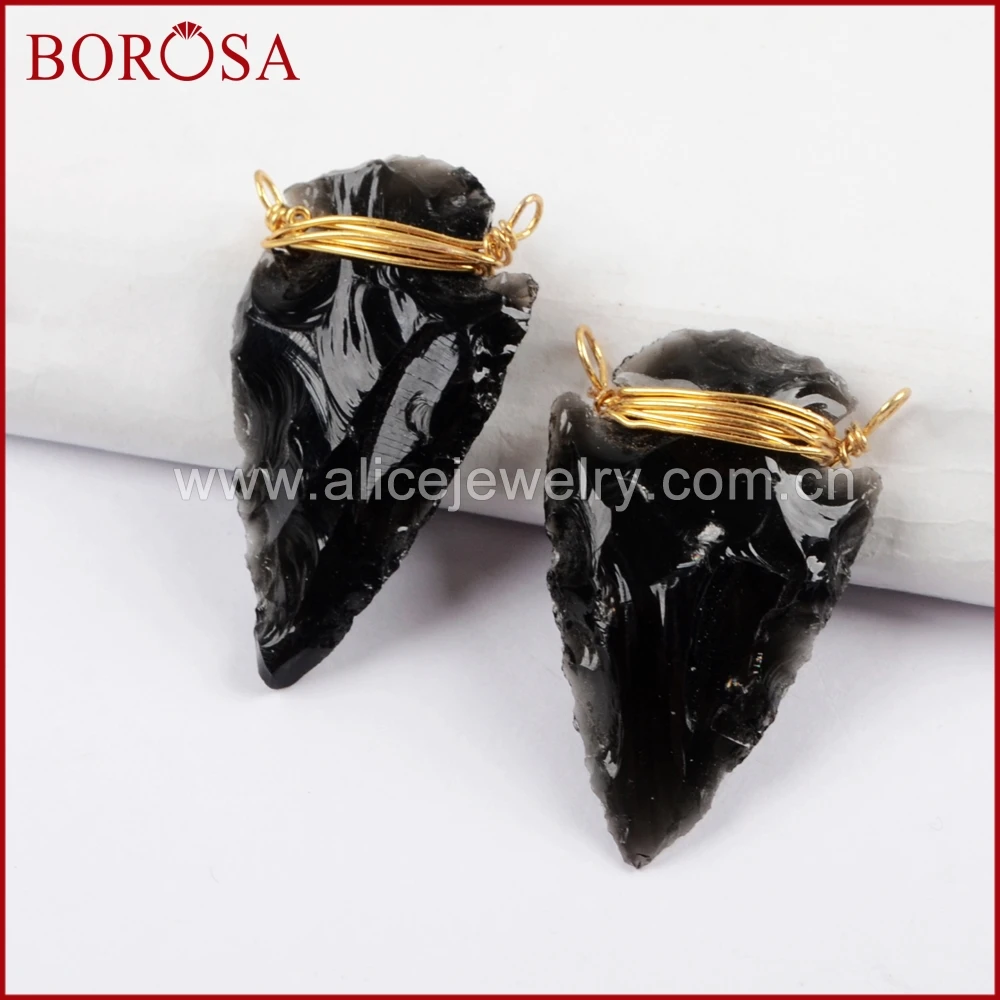 BOROSA 10/20 шт. новый золотой провод обернутый черный обсидиан наконечник стрелы