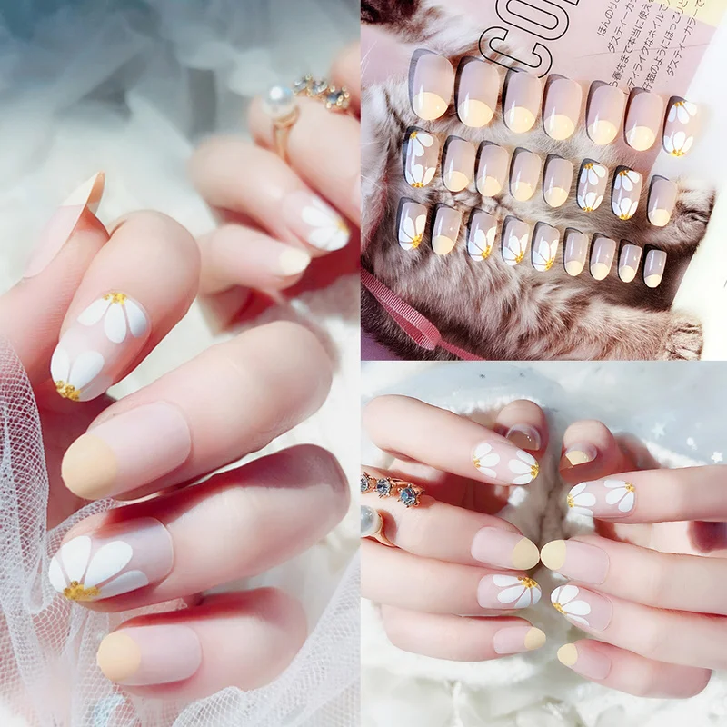 24 шт ромашки поддельные ногти наклейки для ногтей DIY использовать высококачественный Маникюр готовые съемные Гламурные и красивые поддельные ногти