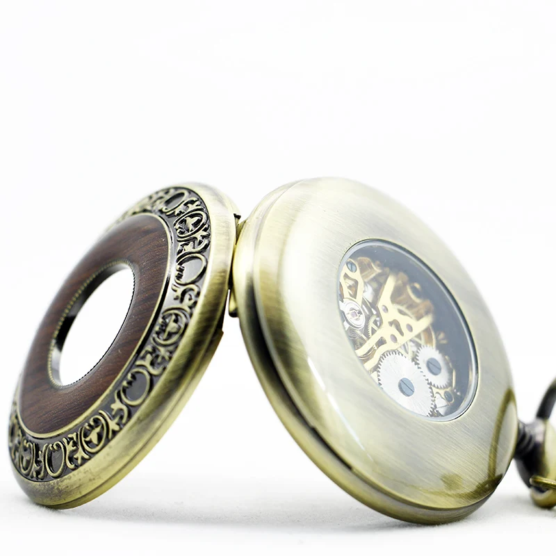 Steampunk Manual Clockwork Vintage Mechanical Pocket Watch Elegant Men Fob Chain Watch Special Wood Hollow Clock Gift